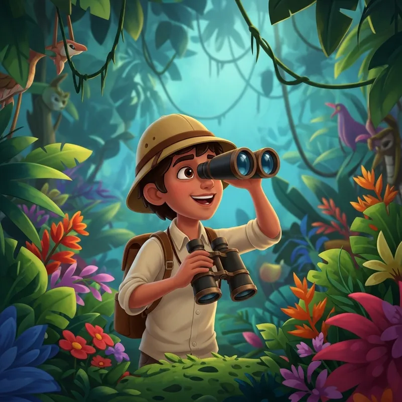 Young Explorer in Beige Shirt with Binoculars in Jungle Adventure