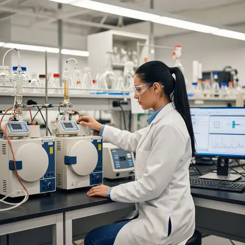 Determined Hispanic Female Chemical Engineer in Action