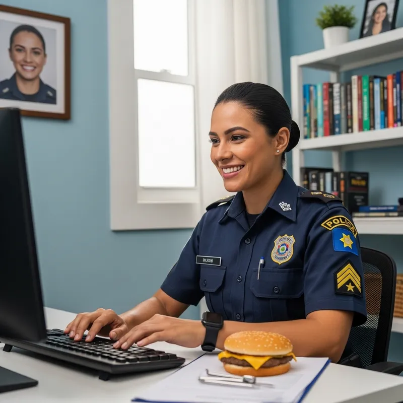 Female Police Officer Working at Computer with Burger in Hand Female Police Officer Working at Computer with Burger in Hand
