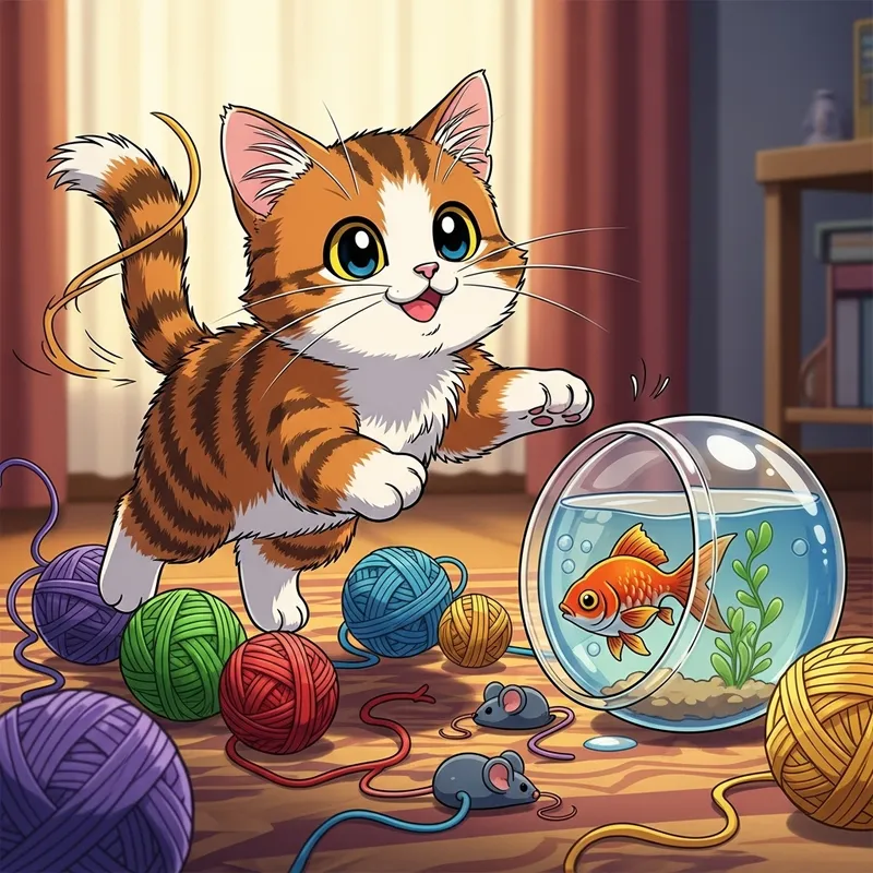 Cute Anime-Style Cat Anticipating Leap