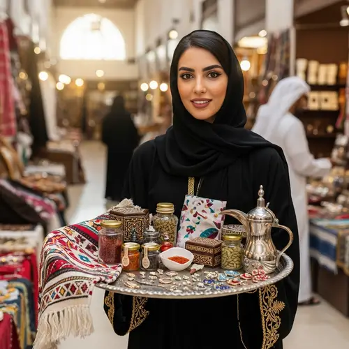 Qatari Woman Promoting National Products | Traditional Abaya & Shayla