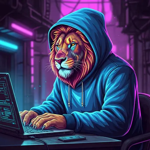 Cyberpunk Lion in Blue Hoodie | Digital Art