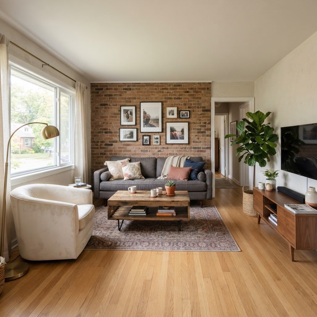 AI virtual staging adding stylish furniture to an empty room photo