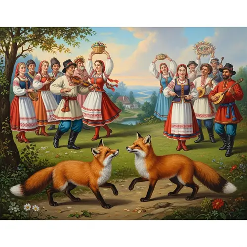 Foxes Frolicking in Slavic Landscape - Traditional Festival Scene