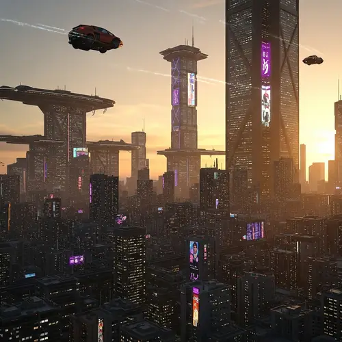 Futuristic Cityscape at Sunset: Cyberpunk Visions