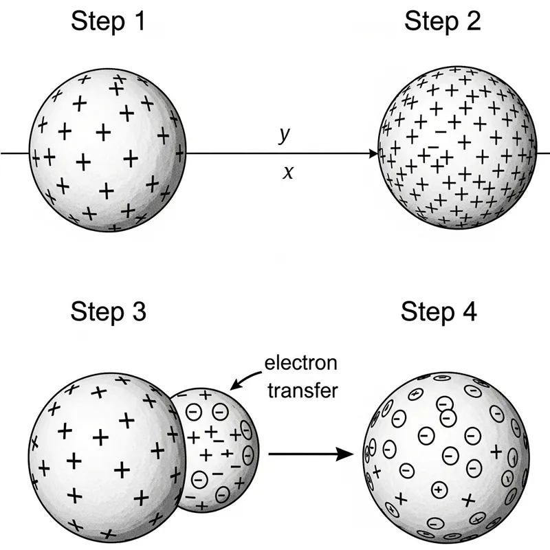 Electron Transfer Between Neutral and Positive Bodies: Step by Step Process
