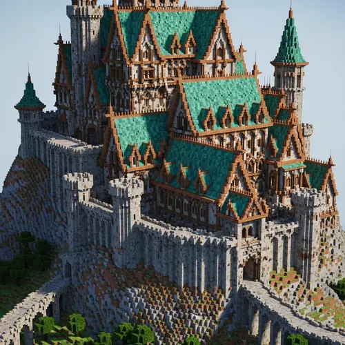 Medieval Castle on Hill with Oxidized Copper Roofs in Minecraft 1.20