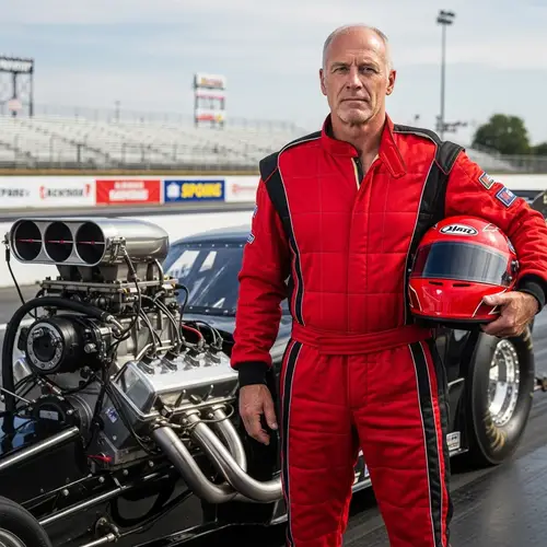 Middle-Aged Caucasian Man as Drag Racer on Buzzy Racetrack