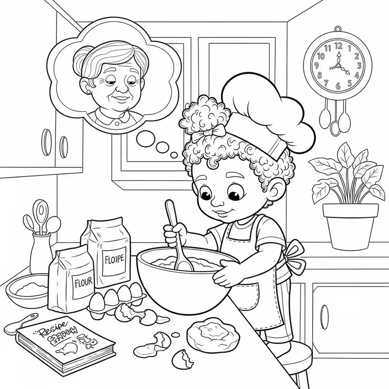 Child Cooking with Love in Memory of Loved One - Playful Cartoon Style