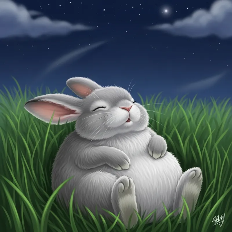 Fat Rabbit Sleeping Peacefully in Moonlit Serenity