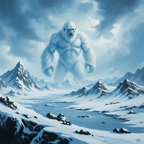 Yeti-Like Creature in Snow-Covered Landscape Oil Painting