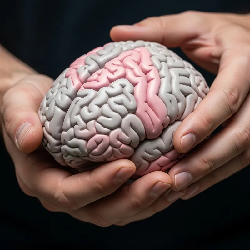 Masculine Hands Gently Supporting Realistic Female Brain Model