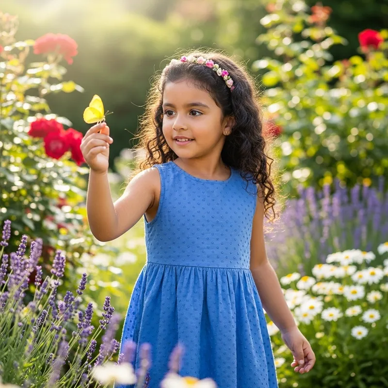 Young Hispanic Girl Playing with Yellow Butterfly in Garden