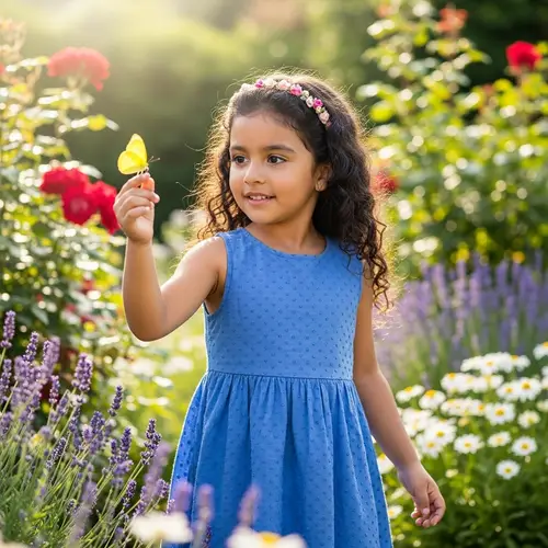 Hispanic Girl Playing with Yellow Butterfly in Garden
