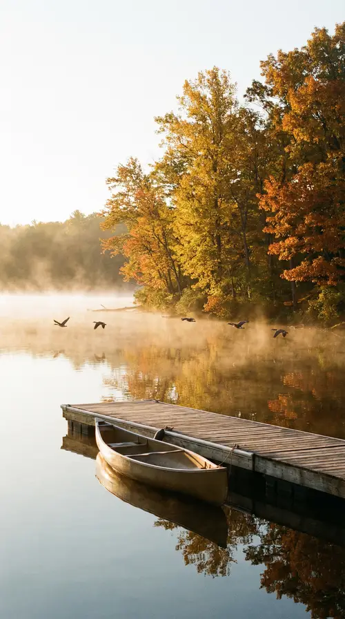 Peaceful Lakeside Dawn Scene with Autumn Colors