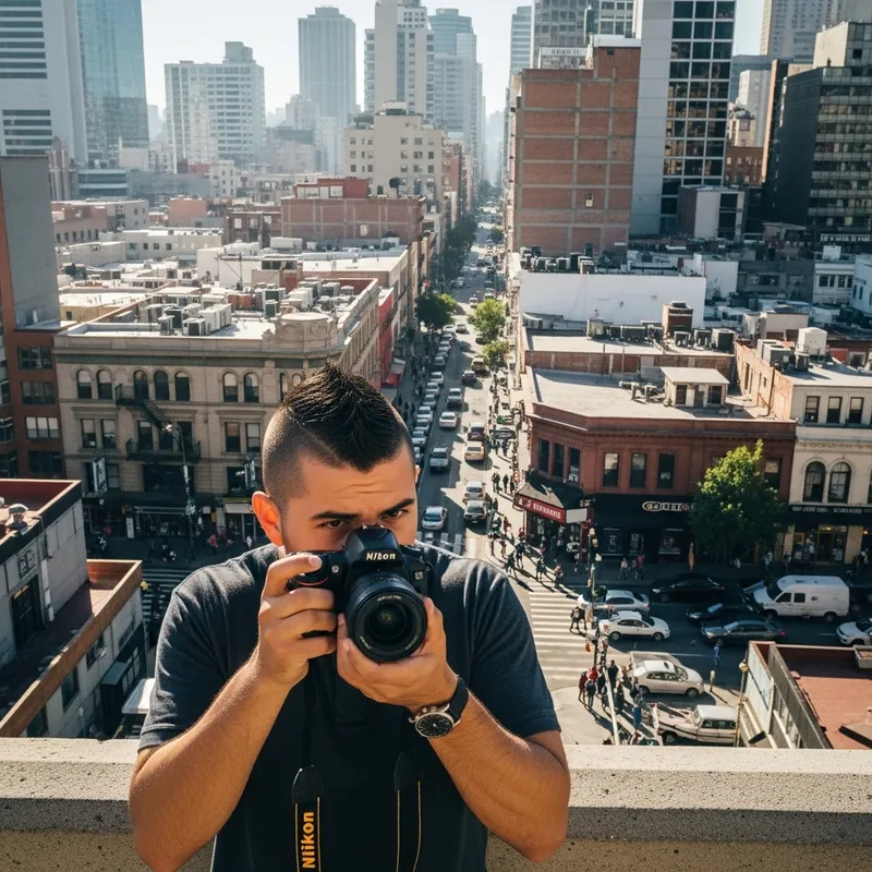 Hispanic Male Capturing Urban Moments with Nikon Camera
