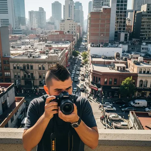 Hispanic Male Capturing Cityscape Moments with Nikon Camera