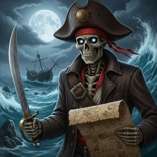 Pirate Skeleton with Cutlass and Treasure Map at Moonlit Shipwreck