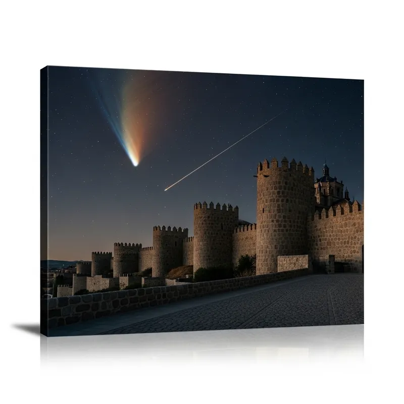 Meteorite Impact on Historic Avila: Astral Marvel in Night Sky
