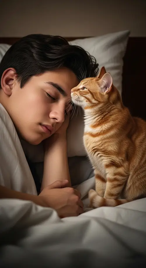 Beautiful 15-Year-Old Boy Sleeping Peacefully with Ginger Cat