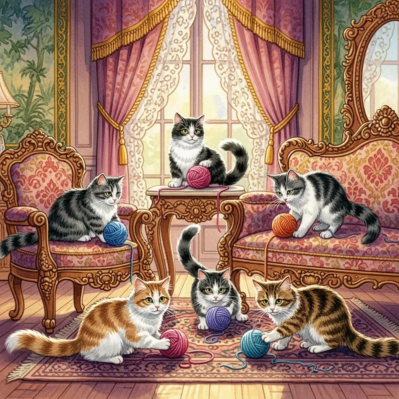Elegant Victorian Parlor with Playful Cats and Yarn in Watercolor