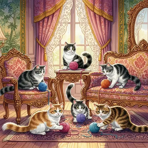 Luxurious Victorian-Era Parlor with Playful Cats and Yarn Balls