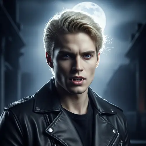 Handsome Blonde Vampire in Black Leather Jacket