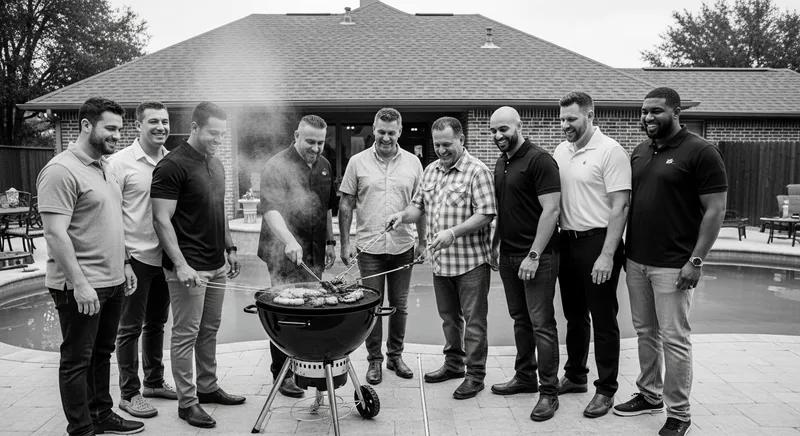Diverse Men Enjoying Texas Style BBQ Feast in Timeless Black and White