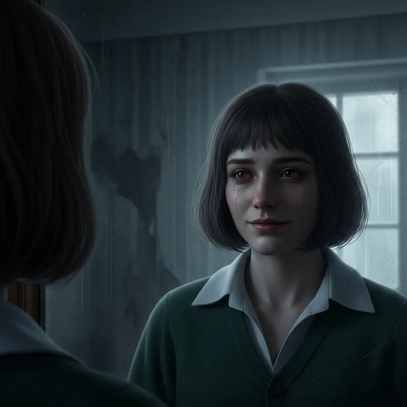 Short-Haired Girl Smiling Reflectively at Mirror Short-Haired Girl Smiling Reflectively at Mirror