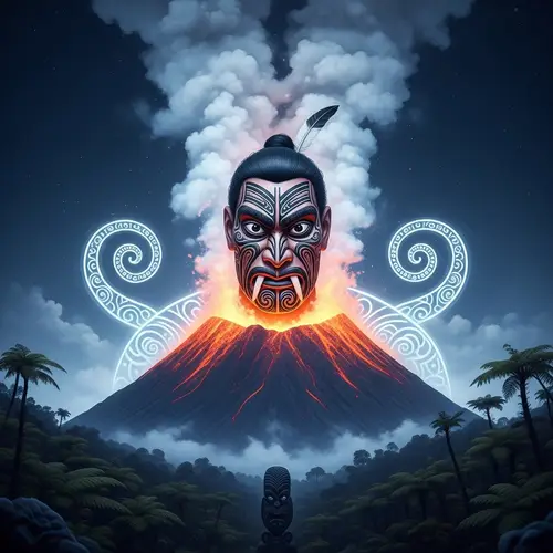 Maori Guardian Emerging from Steaming Double Peaked Volcano