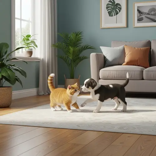 Heartwarming Scene: Playful Cat and Puppy in Living Room