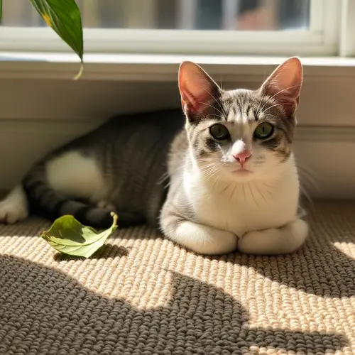 Adorable Grey and White House Cat Lounging in Sunlight
