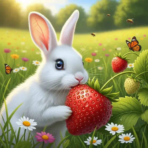Fluffy White Rabbit Nibbling on Red Strawberry in Tranquil Meadow