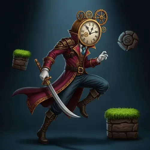 Dark Platformer Game Character with Clock Head