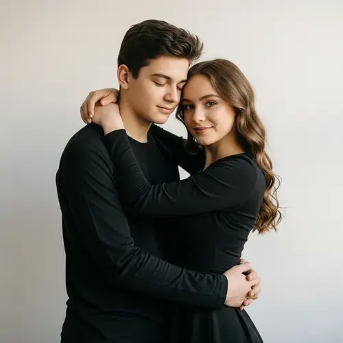 Dark-Haired Boy Hugging Brown-Haired Girl Against White Wall