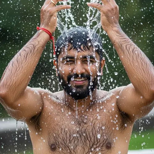 Refreshing Outdoor Swim: Splashed South Asian Man in Verdant Setting