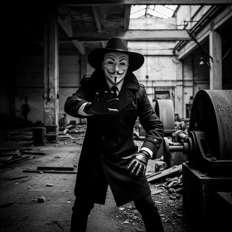 Captivating Mysterious Masked Figure in Noir Industrial Scene