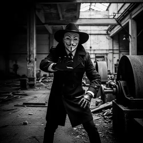 Mysterious Masked Figure in Abandoned Industrial Setting - Noir Thriller