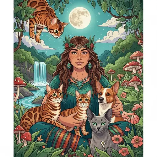 Golden Bengal Cat and Shaman Woman Among Nature's Beauty