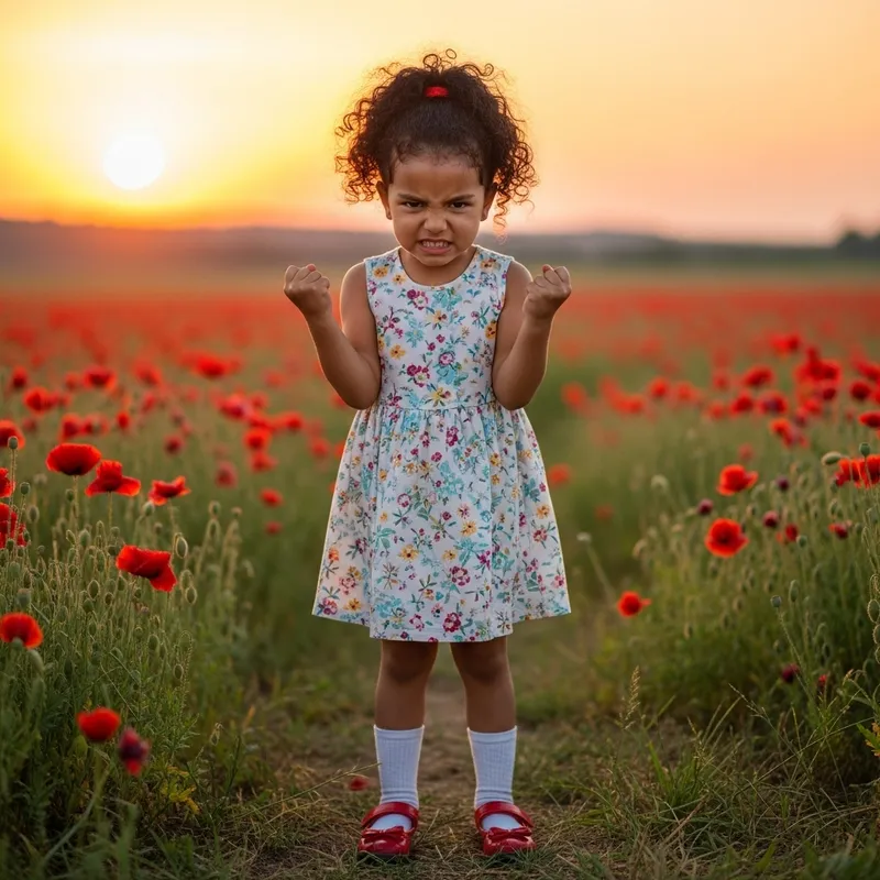 Upset Young Hispanic Girl in Poppy Field