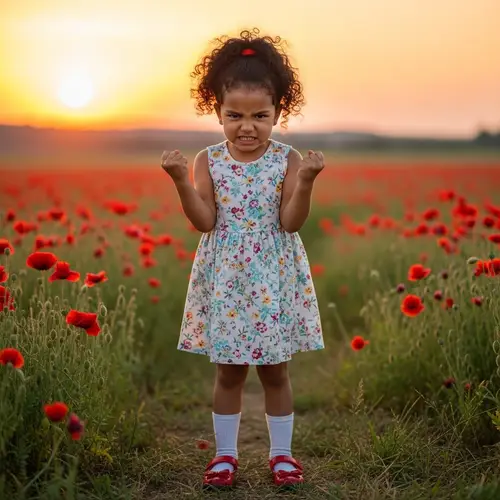 Frustrated Young Hispanic Girl in Poppy Field at Sunset