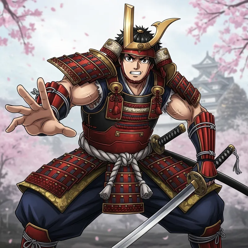 Muscular Samurai with L-Shaped Head in Anime Style