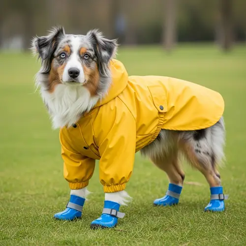 Adorable Australian Shepherd Dog in Yellow Raincoat and Blue Booties