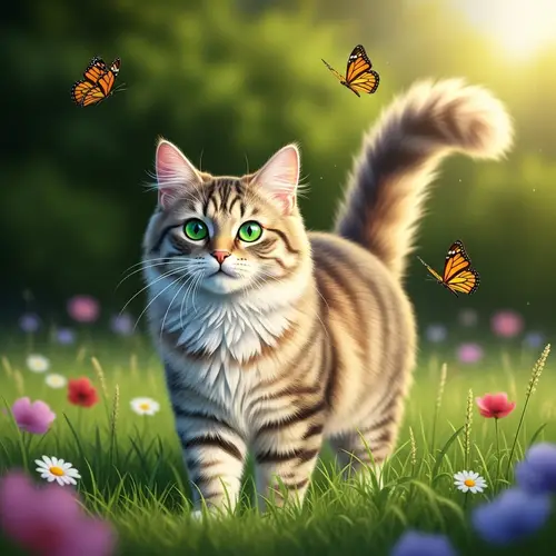 Captivating Scene with Beautiful Fluffy Cat | Serene Garden