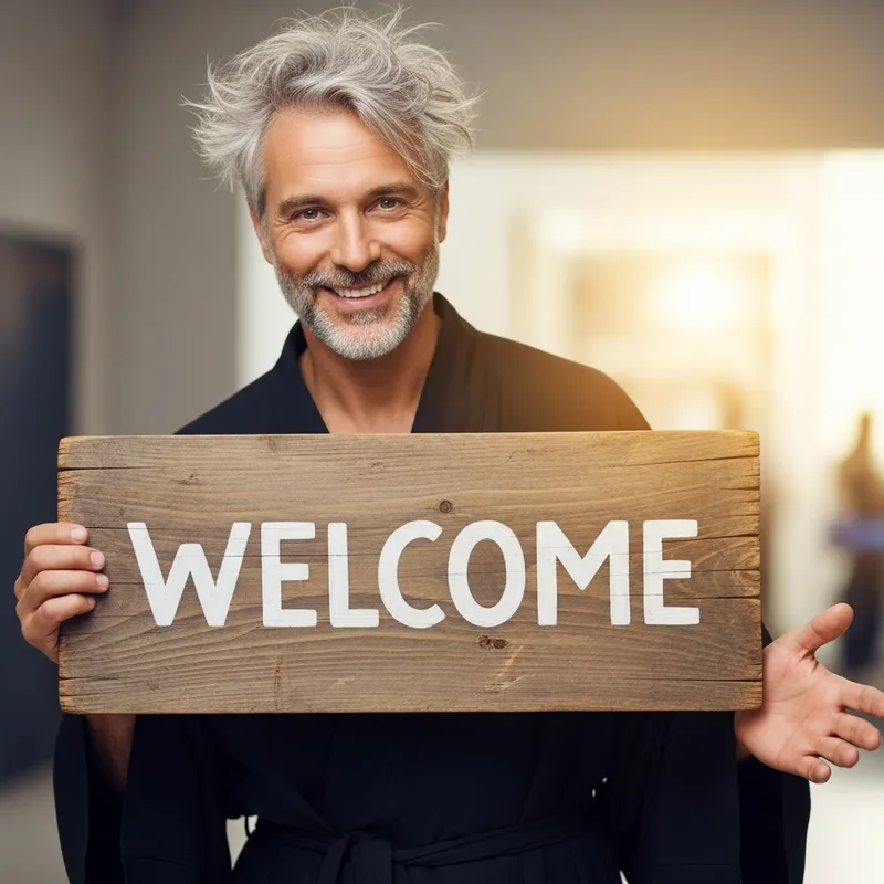 Cheerful 40-Year-Old Man Welcoming Guests with 'Welcome' Sign Cheerful 40-Year-Old Man Welcoming Guests with 'Welcome' Sign