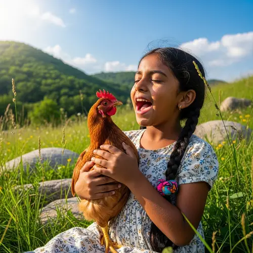 Child Singing Joyfully with a Chicken