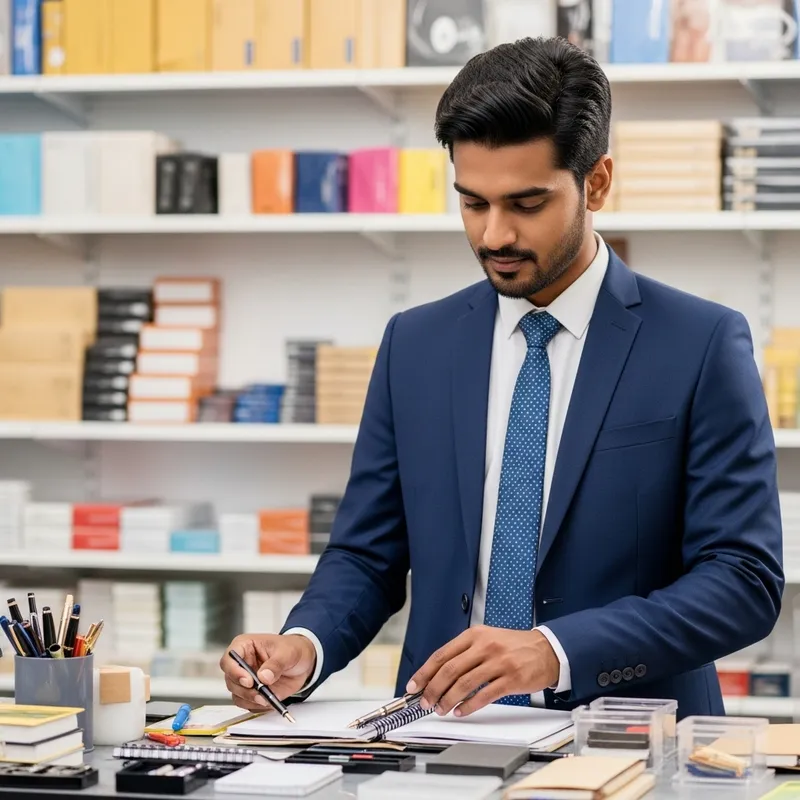 Dedicated South Asian Man in Stationery Shop Embarking on New Journey