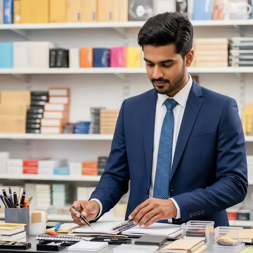 Professional South Asian Man Excels in Stationery Shop