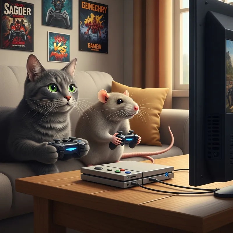 Cat and Rat Gaming Buddies Having Fun
