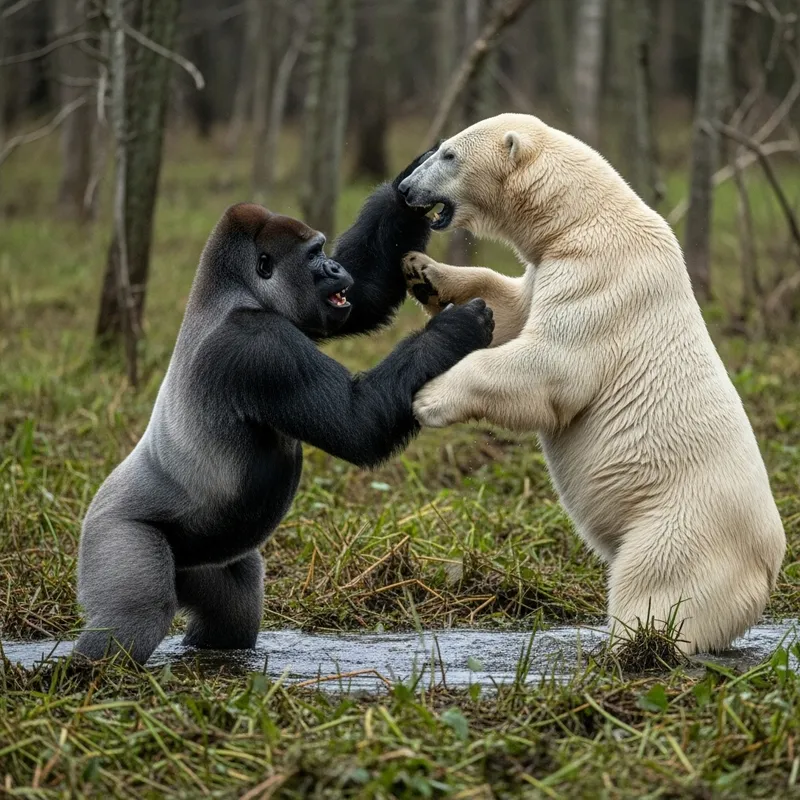 Epic Gorilla vs Polar Bear Showdown in Swamp: Wildlife Encounter